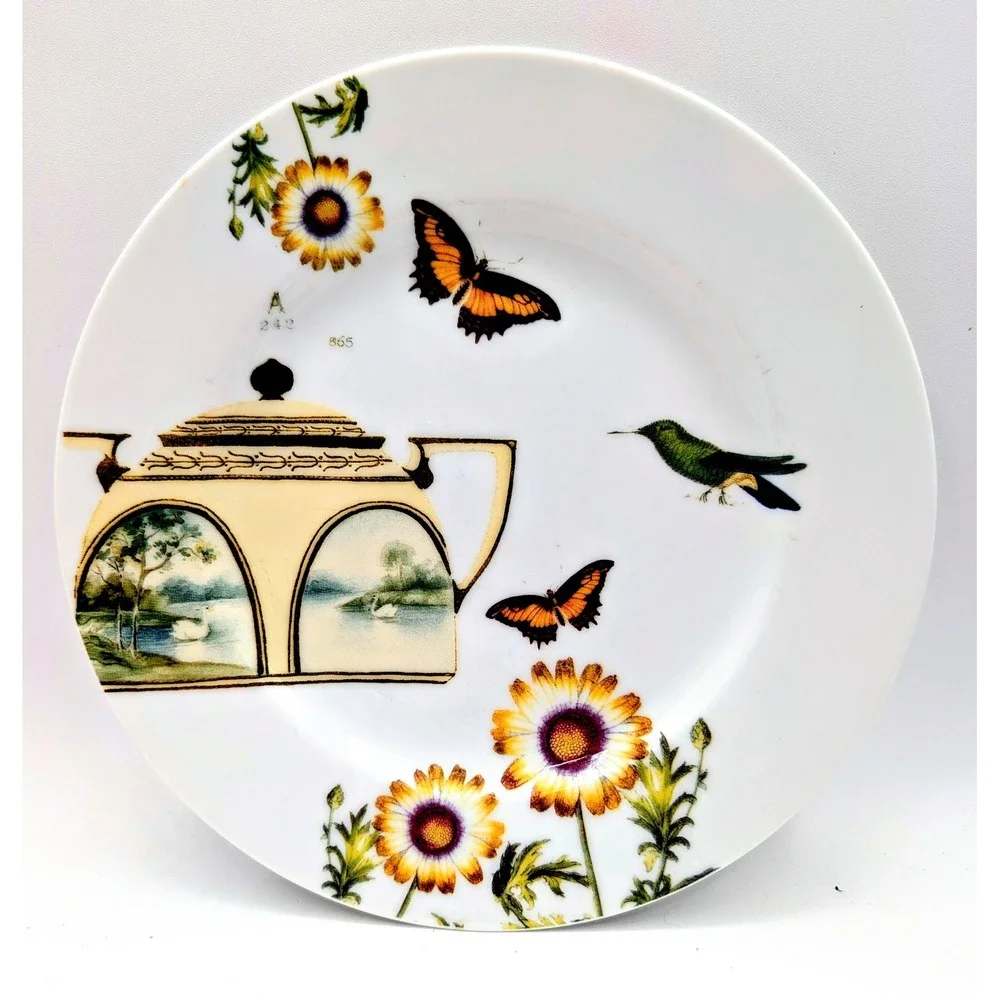 Anthropologie Botanical Bird Ceramic Salad Dessert Plates Set of 7